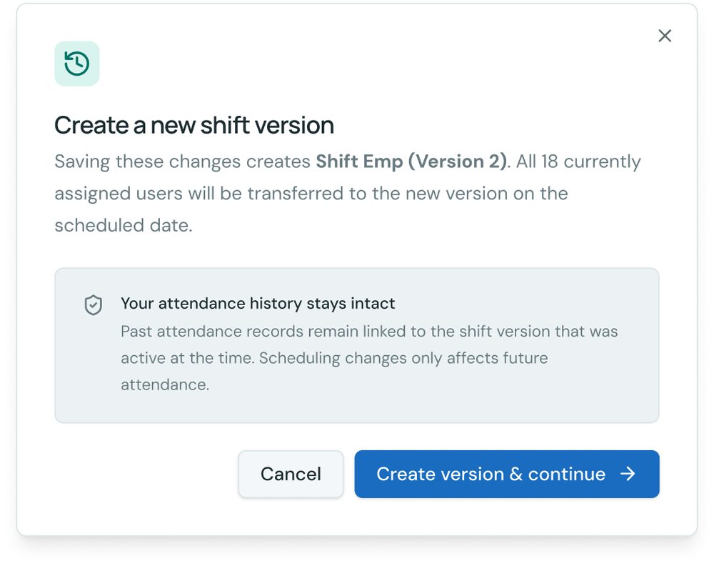 Shift Version History — create a new version