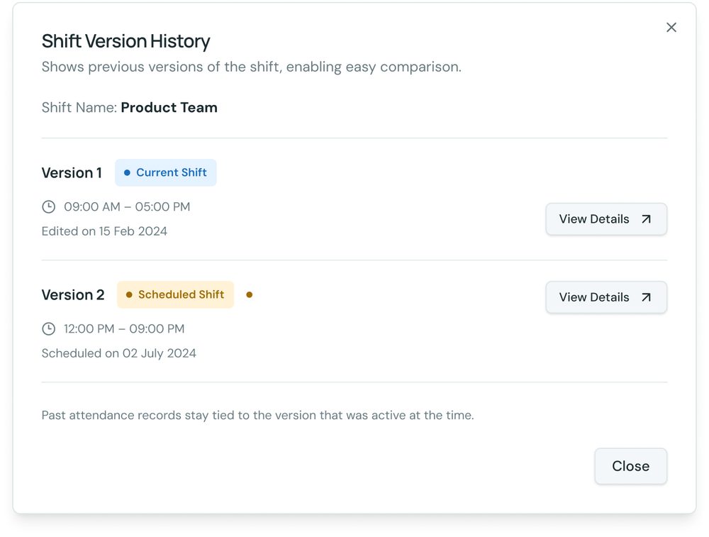 Shift Version History — current and scheduled versions