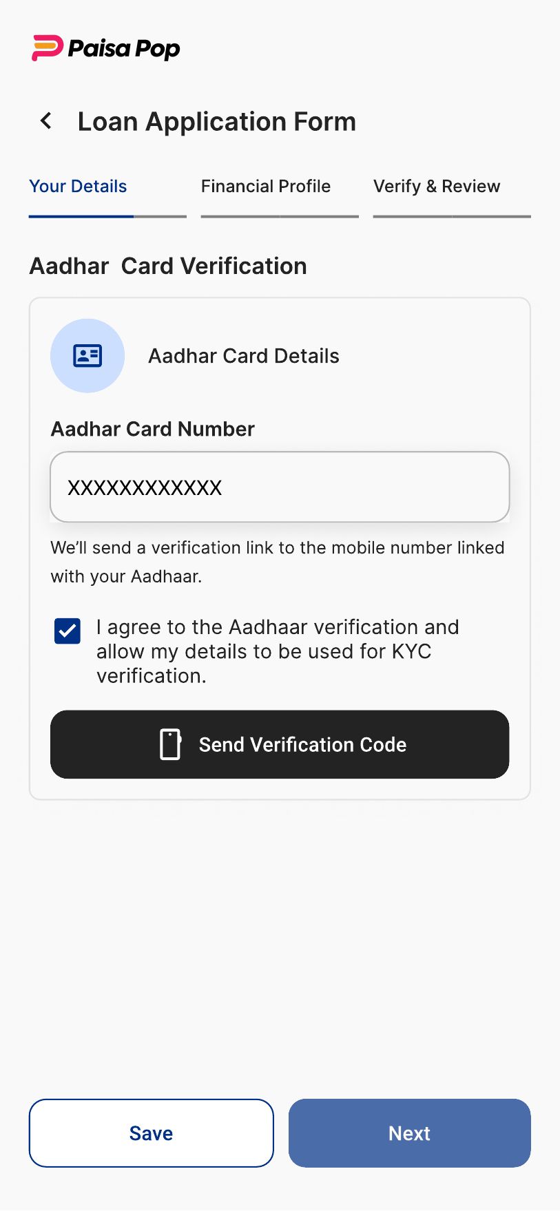 PaisaPop final design — Aadhaar verification