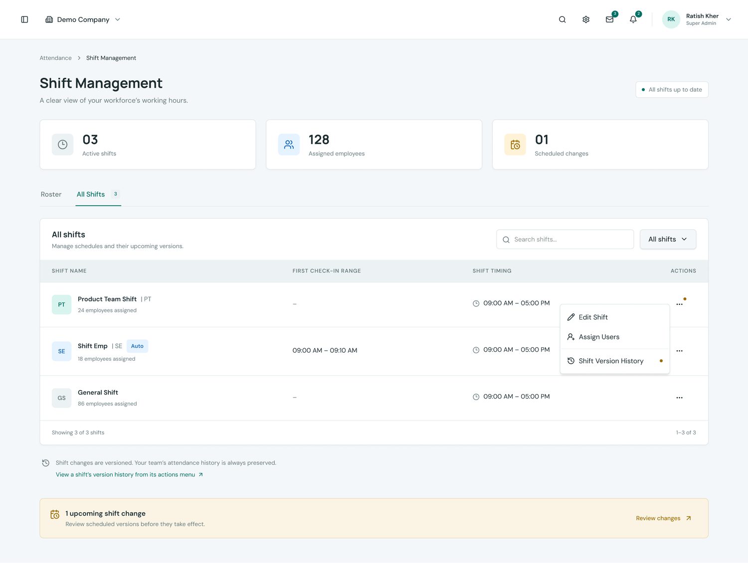 Shift Version History — find the shift and pending changes