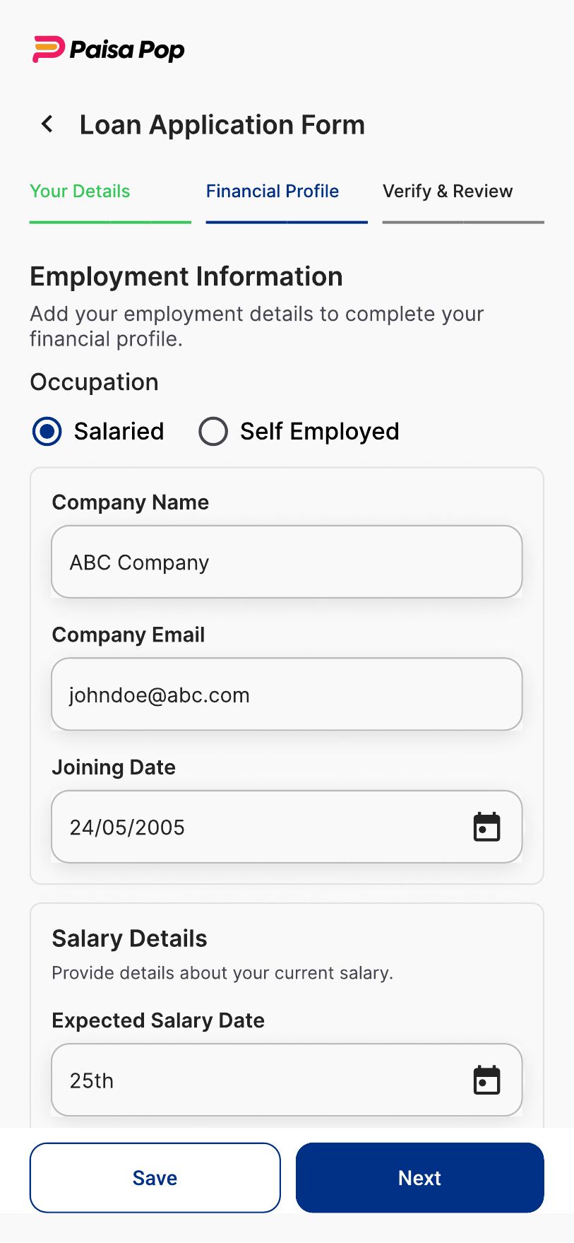 PaisaPop final design — Employment information