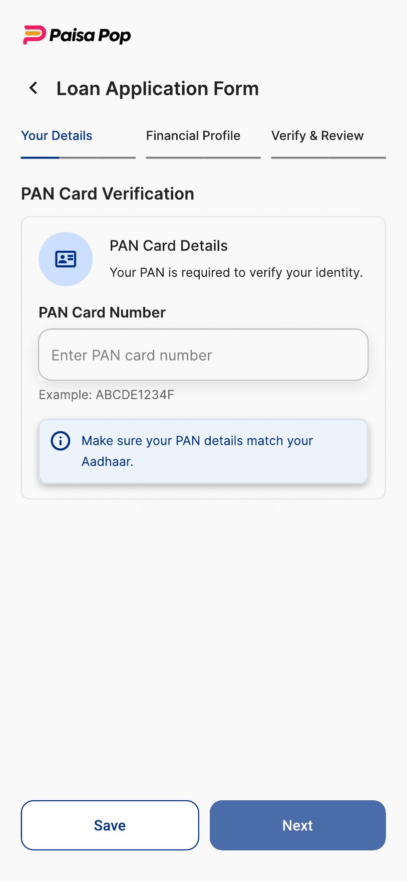 PaisaPop final design — PAN verification