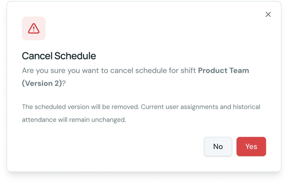 Shift Version History — cancel schedule confirmation