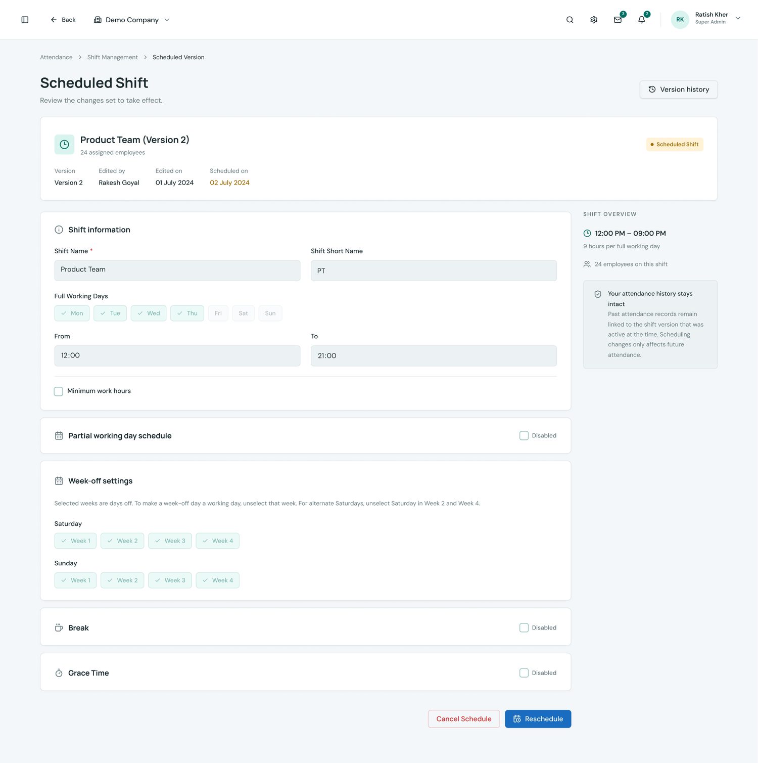 Shift Version History — review and manage the scheduled version