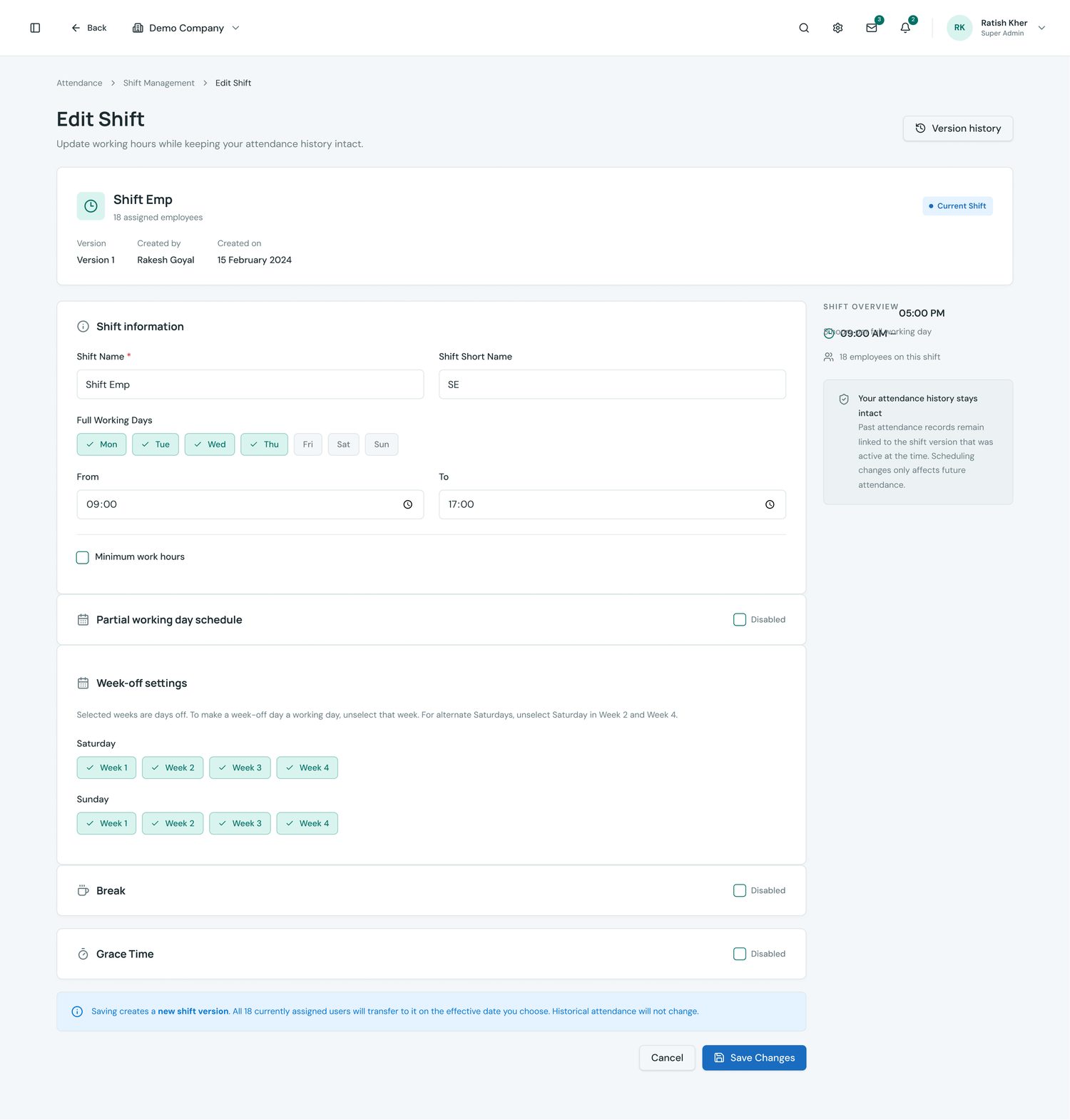 Shift Version History — edit shift settings