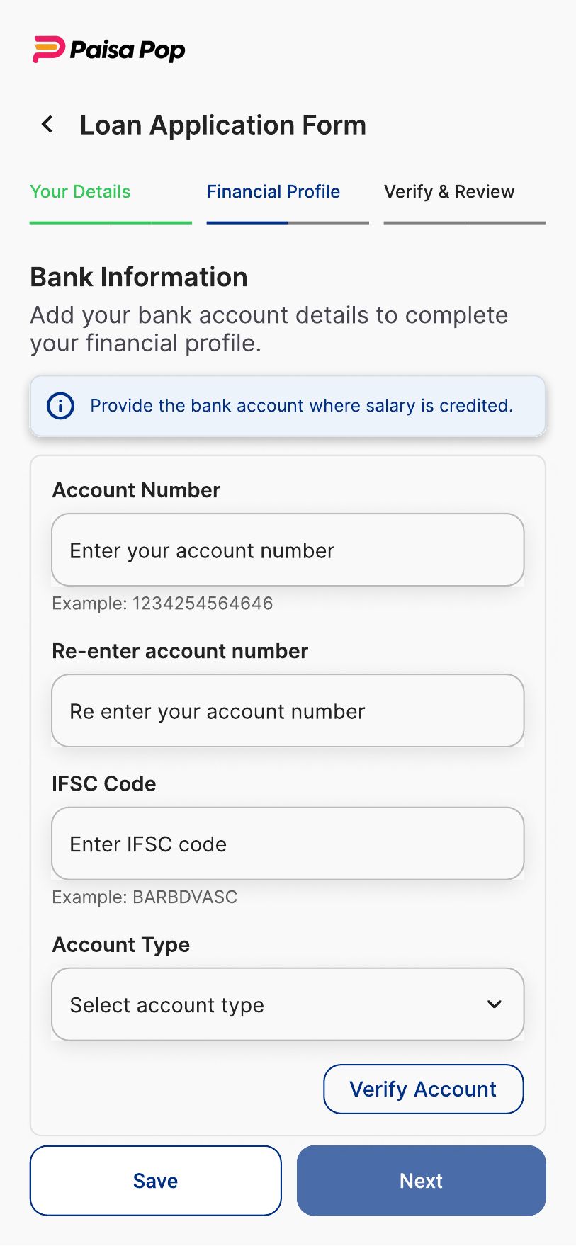 PaisaPop final design — Bank information