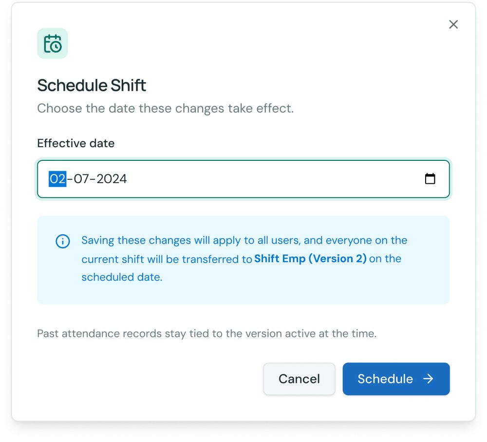 Shift Version History — choose the effective date